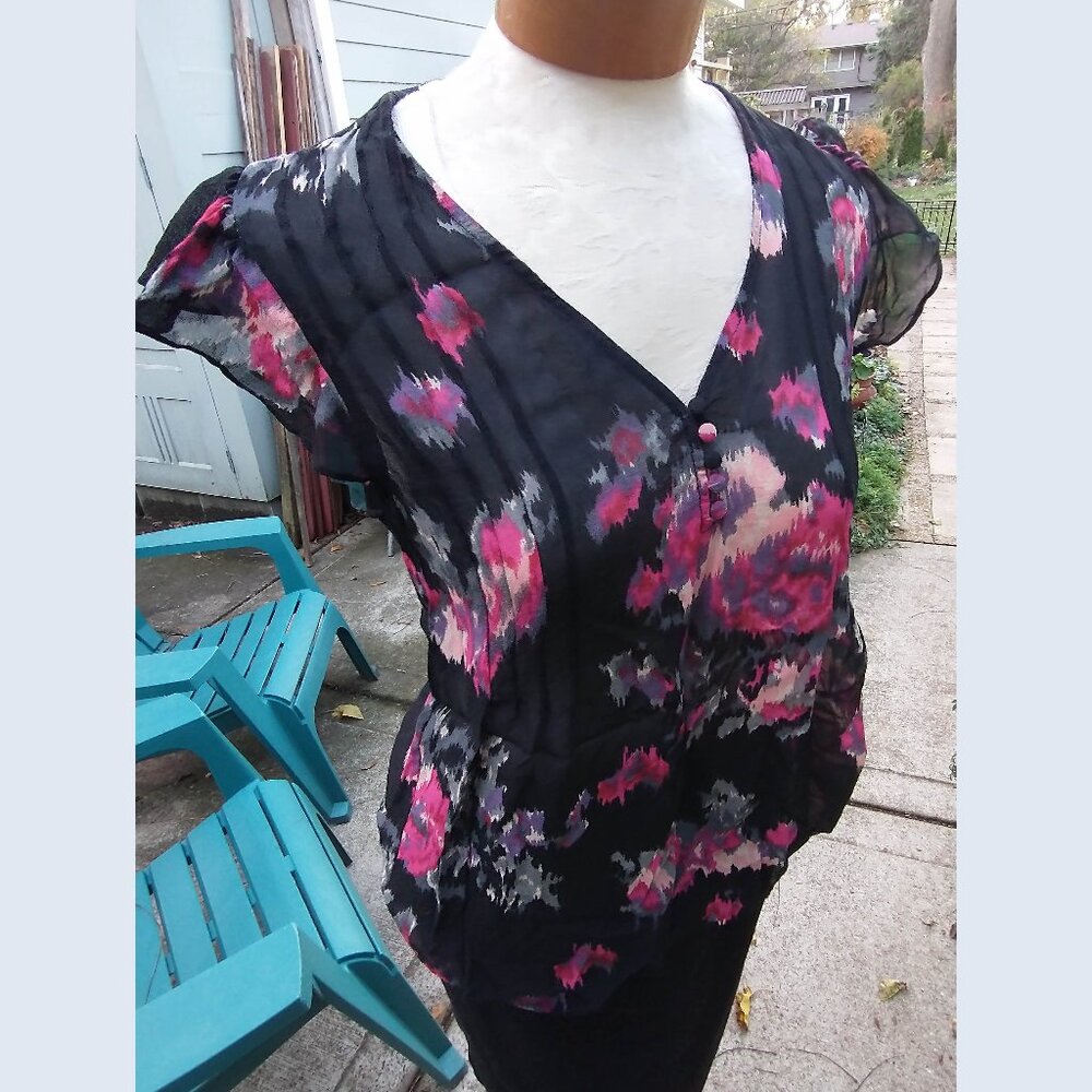 Blouse: Silk, black, abstract print. Size medium - by Joie